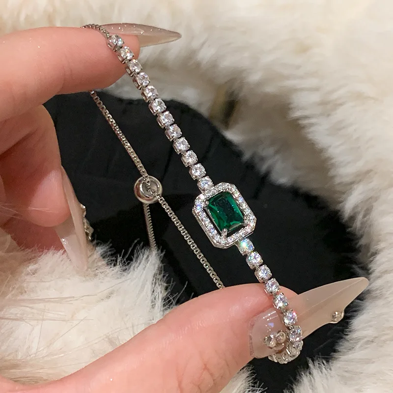 Light Luxury Style Green Zircon Square Adjustable Bracelet, Simple and Creative Handmade Accessory for Women's Gift