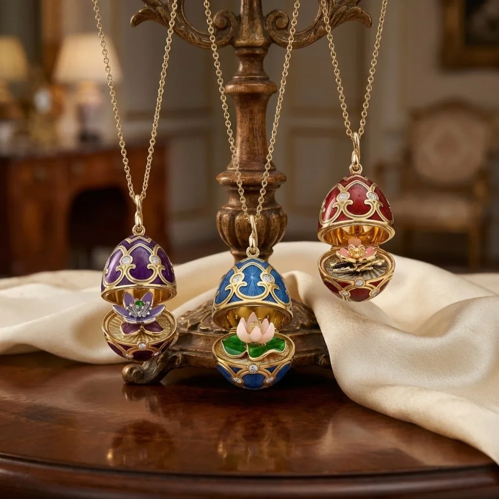 Fabergé Style Enamel Egg Locket Necklace, 18K Gold Plated with Hidden Lotus Flower, Luxury Vintage Jewelry