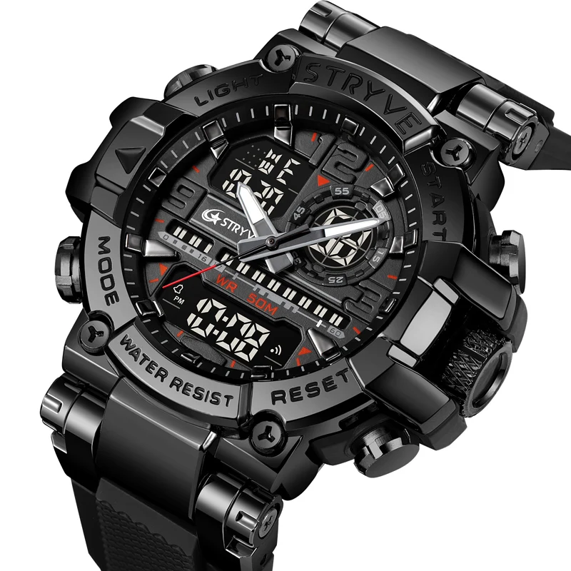 STRYVE 8025 Watch for Men Luxury Sport 5ATM Waterproof Watch High Quality Silicone Band Dual Movement Multifunctional Mens Watch