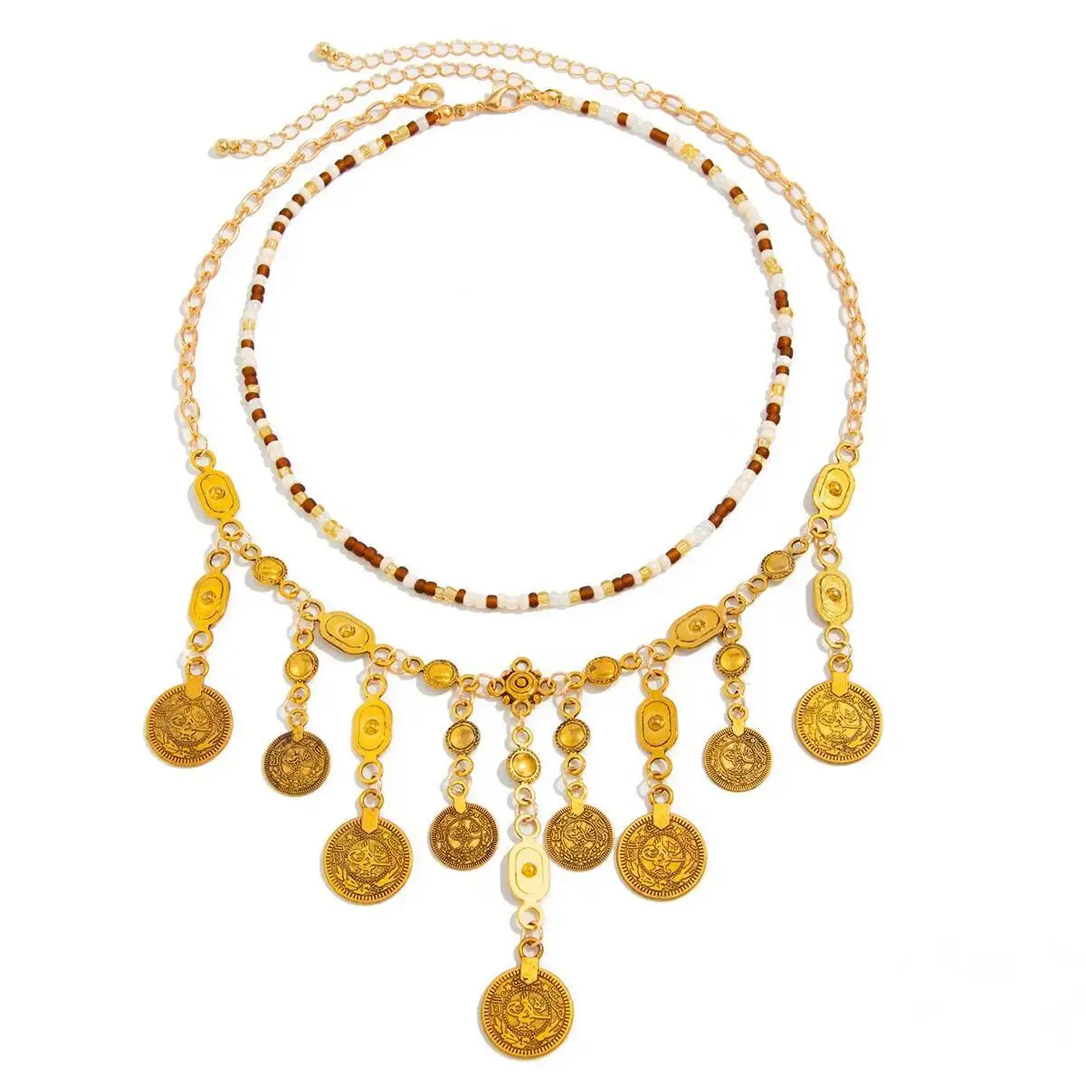 Ingemark 2Pcs/Set Vintage Coin Tassel Pendant Necklace Women Boho Exquisite Ethnic Gold Color Choker Neck Luxury Wed Jewelry