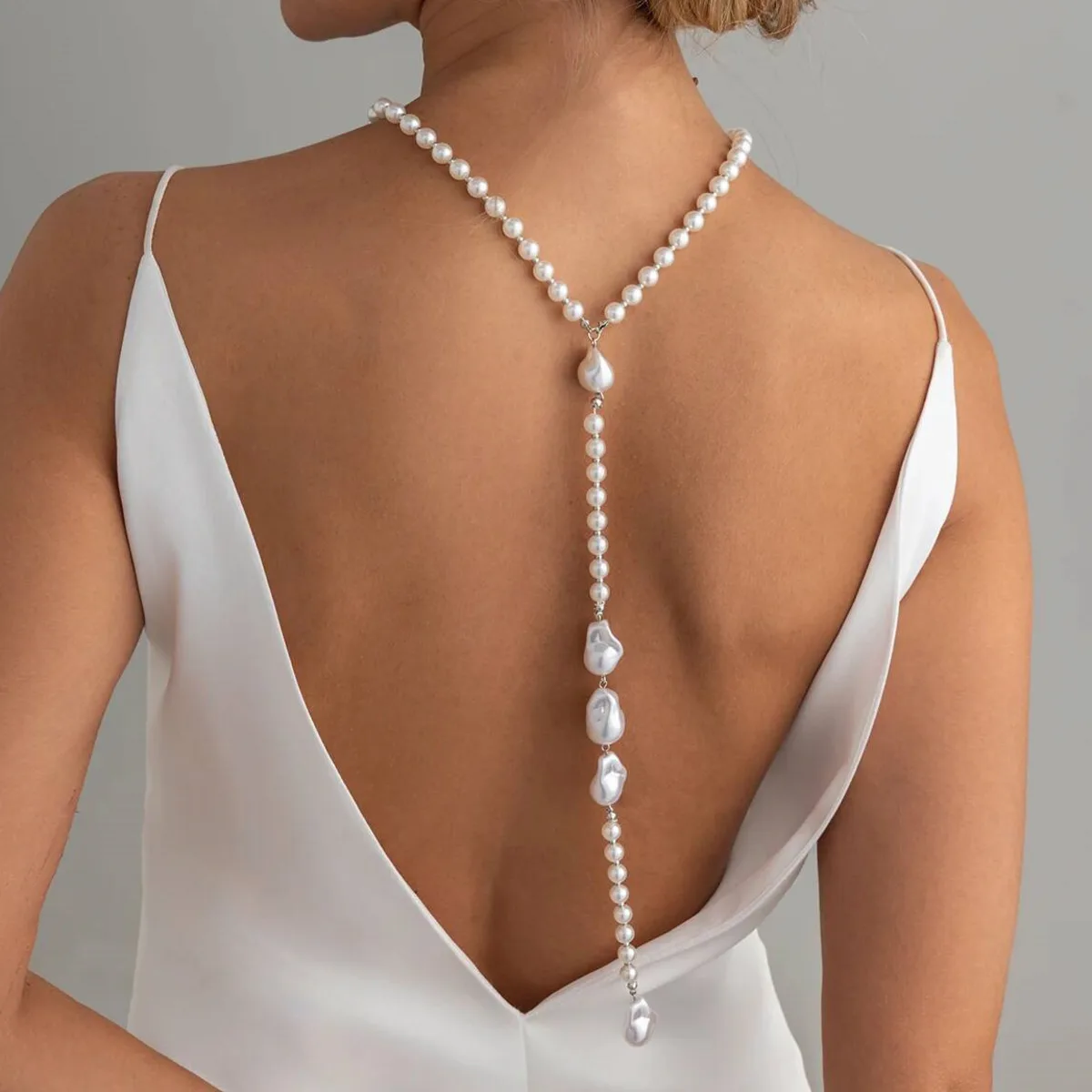 Ingemark Luxury Baroque Imitation Pearl Back Chain Long Necklace Women Elegant Versatile Adjustable Chokers Wedding Jewelry New