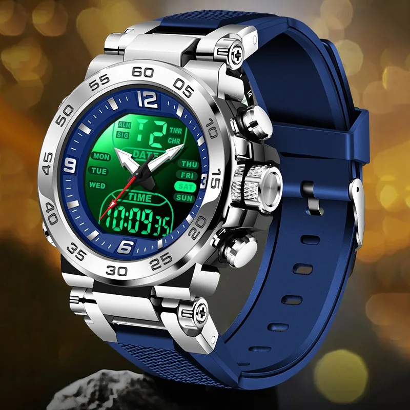 FOXBOX Mens Watches Top Brand Luxury Analog Digital Quartz Wristwatch For Men Waterproof Dual Time Display Luminous Watch Men