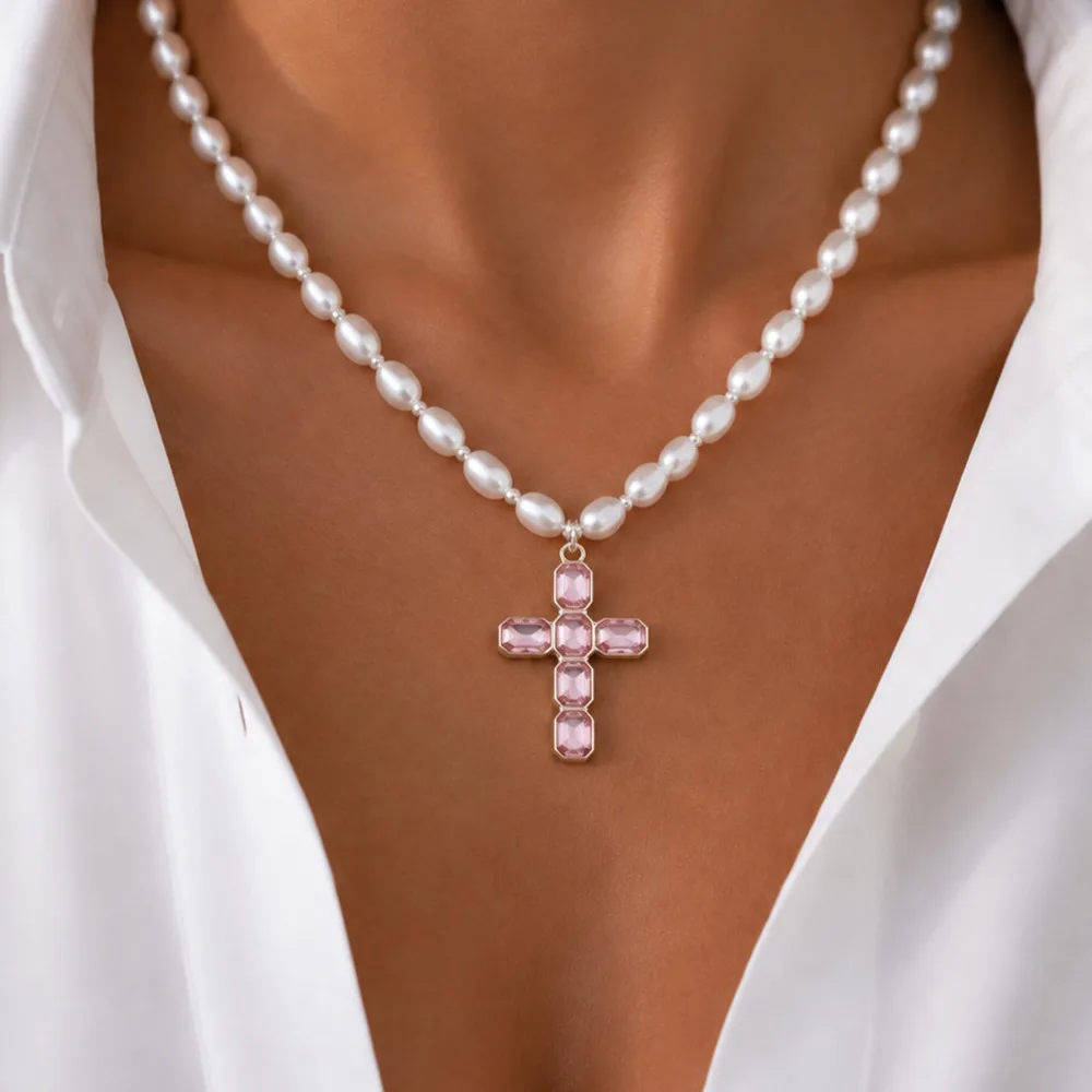 KunJoe 3 Colors Vintage Luxury Elegant Glass Rhinestone Cross Pendant Imitation Pearl Necklaces for Women Fashion Charms Jewelry