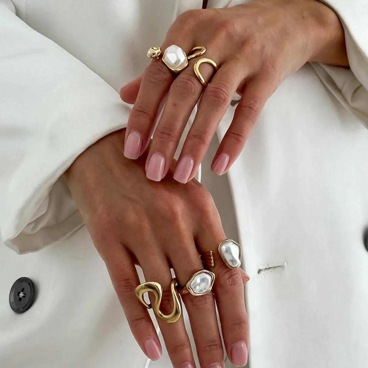 KunJoe Baroque Imitation Pearl Adjustable Open Rings Set Women New Elegant Geometric Gold Color Knuckle Ring Luxury Jewelry Gift