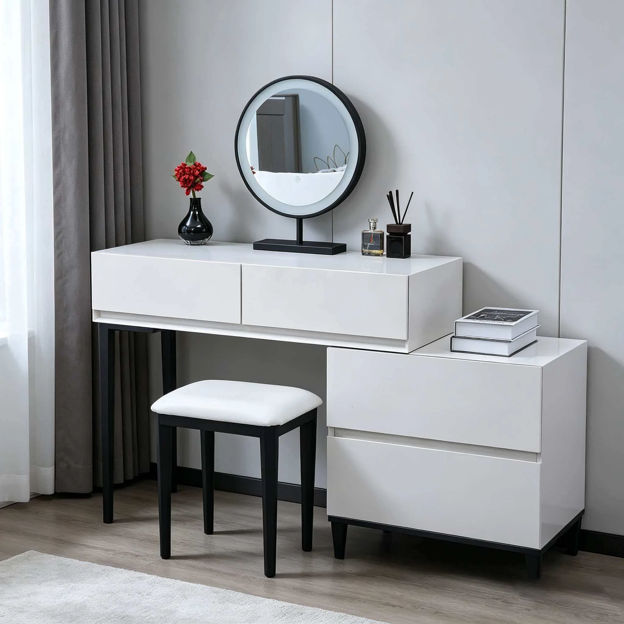 Modern Lighted Adjustable Extendable Panel Bedroom Vanity Makeup Dresser with Mirror Dressing Table MDF Glass Top