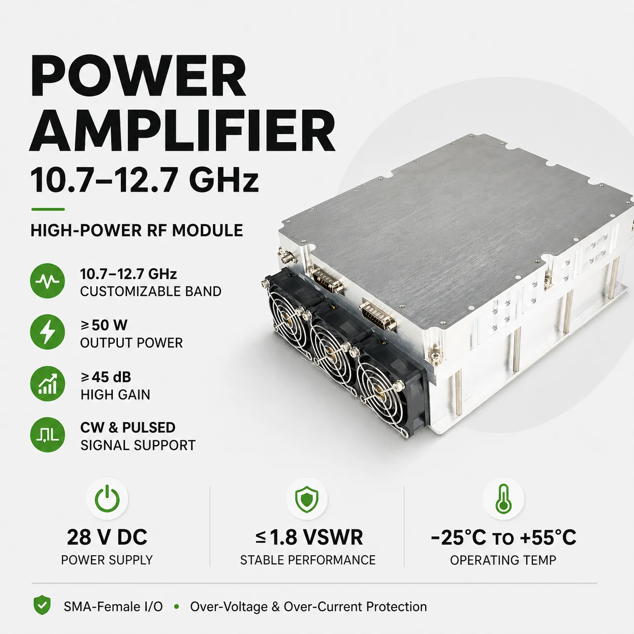 Amplifier Module 50W 100W 10.7G-12.7G UAV System & Robot UAV Shielding Device Wideband RF Amplifier Drone Defense Module