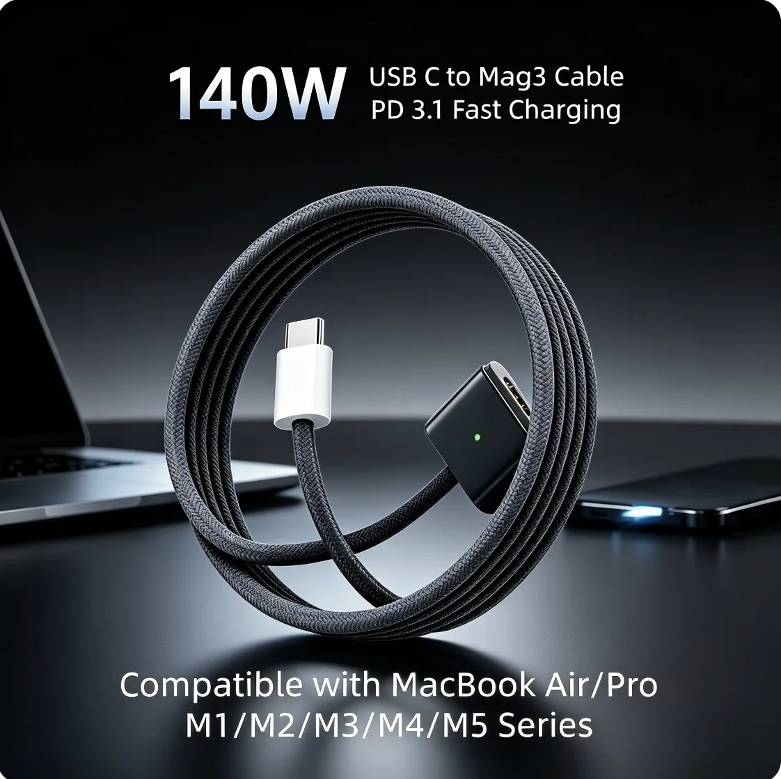 140W PD Fast Charging Cable 2M Nylon Braided USB-C Magnetic Charger Cord for MacBook 14in 16in 2021-2023 Notebook