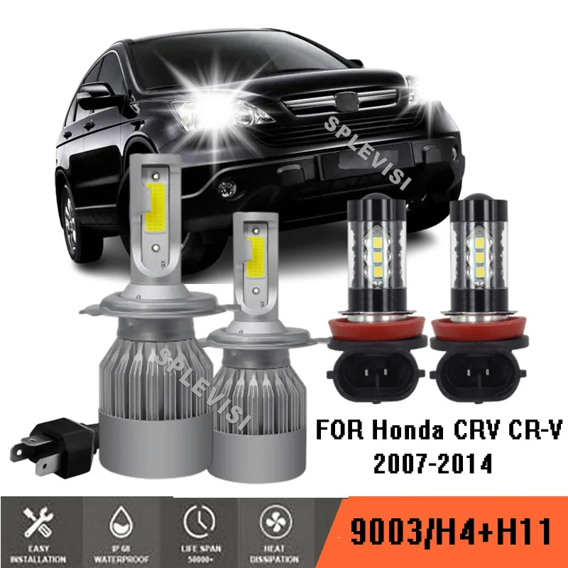 4x 9003 H11 LED Headlight Bulb Kit High Low Beam 6000K HID White For Honda CRV CR-V 2007-2014 2008 2009 2010 2011 2012 2013