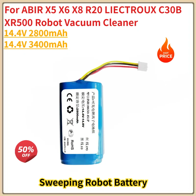 High Quality Battery 14.4V 3400mAh For ABIR X8 X5 X6 R20 LIECTROUX C30B XR500 Robot Vacuum Cleaner Brand New Replacement Battery
