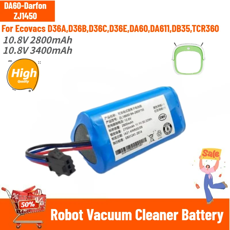 DA60-Darfon ZJ1450 High Quality Battery 2800mAh 3400mAh for Ecovacs TCR360 DA60 DA611 DB35 D36A D36B D36C Robot Vacuum Cleaner