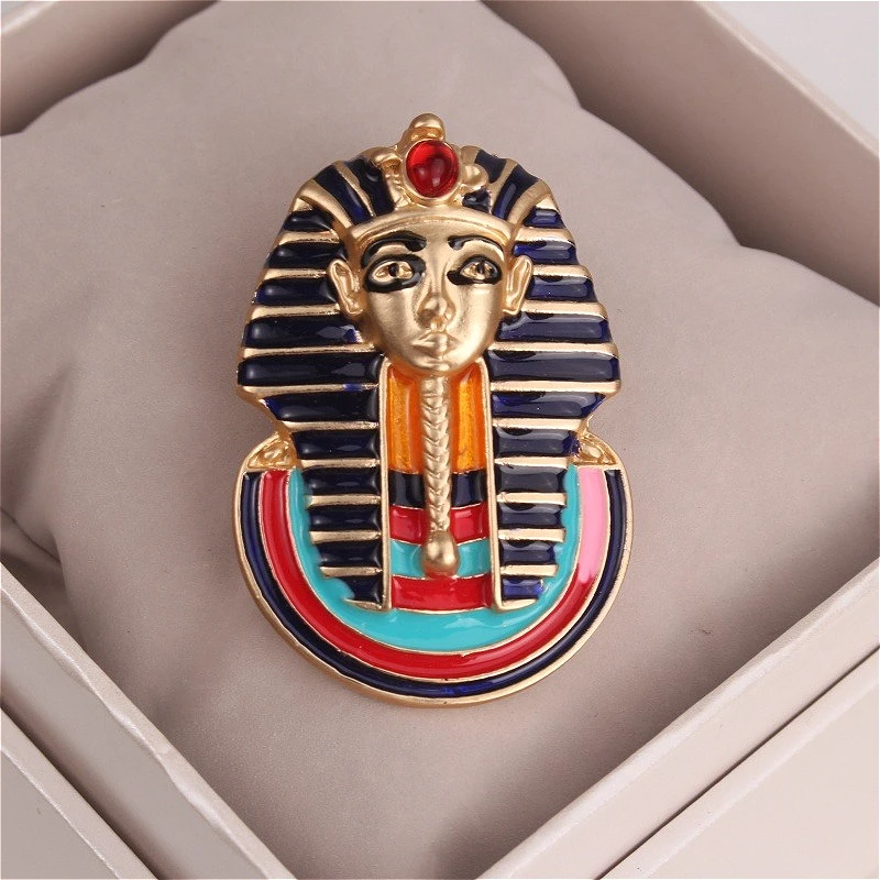 Gold- Plated Egyptian Pharaoh Brooch Enamel - Painted with Red Gem Retro - Mystic Pin for Clothing/Accessory Decoration