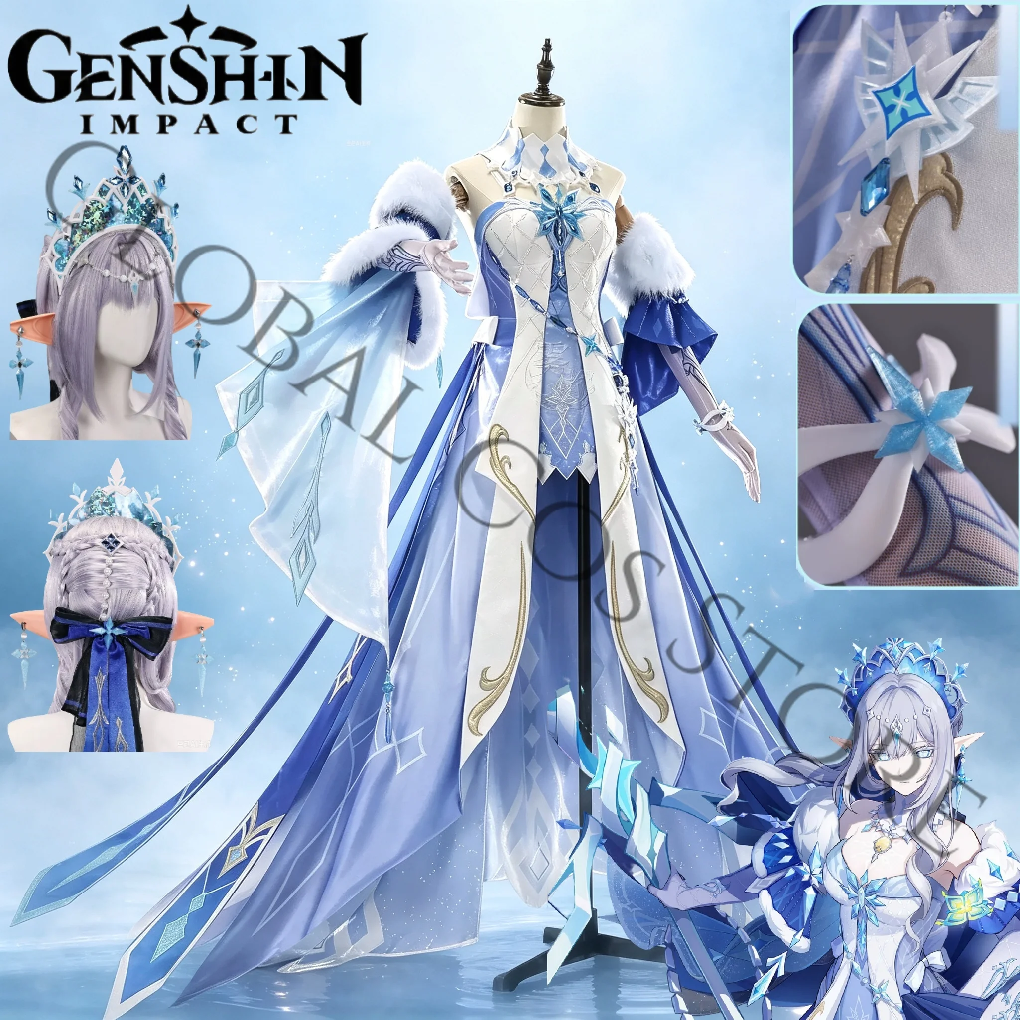 Genshin Impact Archon Anastasya Cosplay The Tsaritsa Cryo Costume Dress Outfit Crown Headwear Accessories Set Wig for Roleplay