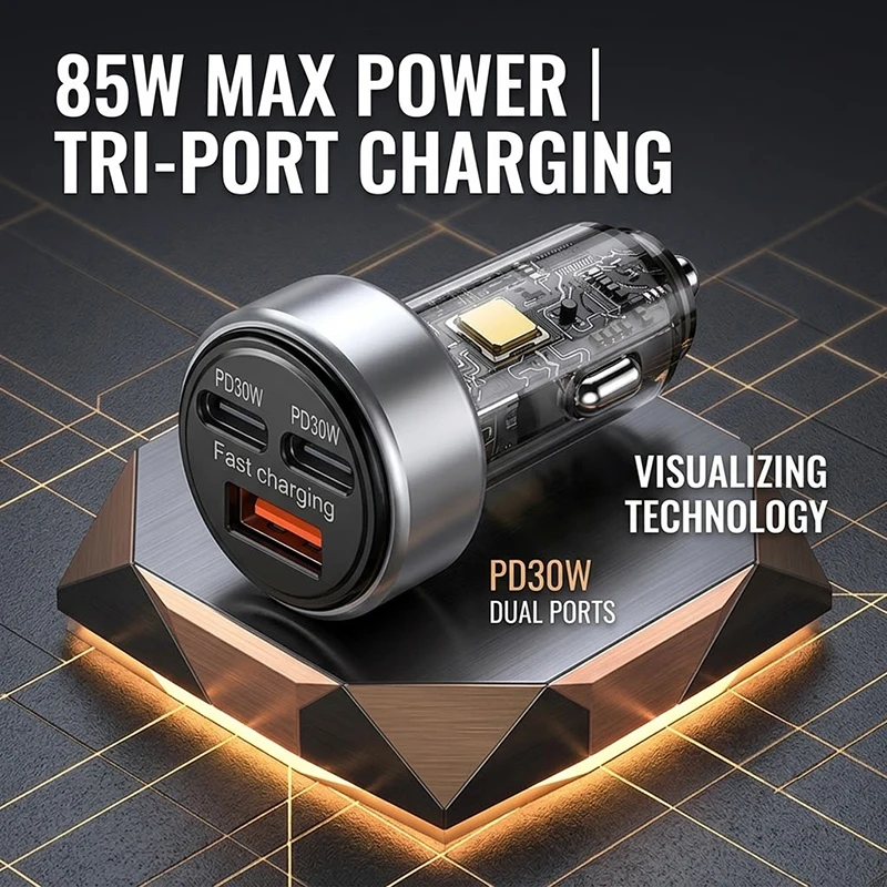 Mechanical Transparent Car Charger 85W 3 Port PD30W Type-C USB Fast Charging Vehicle Adapter Cigarette Lighter For Samsung