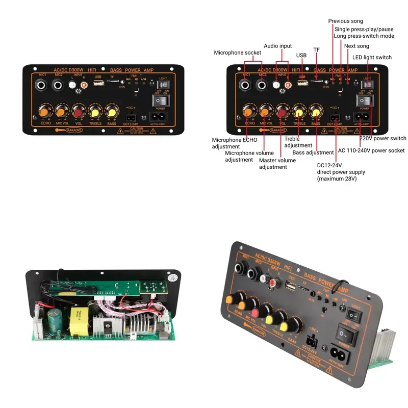 D300W Bluetooth Home Power Amplifier Mini Amplifier Board with USB and TF Dual Microphone Inputs, with Remote Control