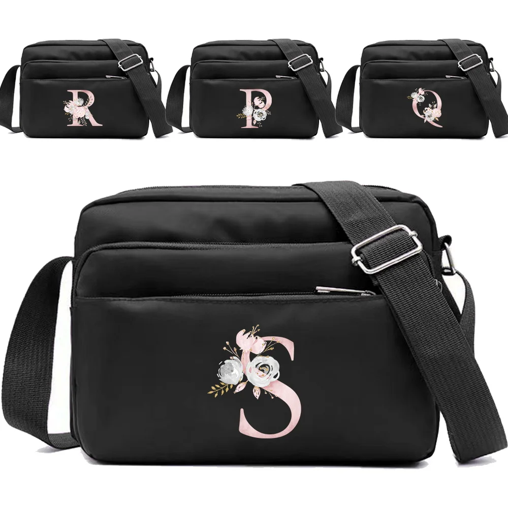 New Simple Black Storage Bag Multi-layer Travel Leisure One Shoulder Crossbody Bag Pink Flower Letter Series Printing Pattern