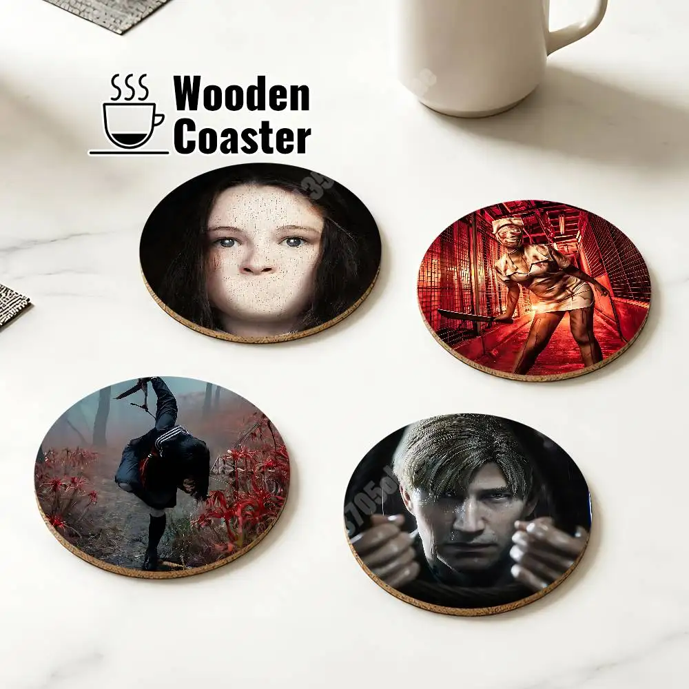 Survival Horror S-Silent H-Hill Game Wooden Cup Mat Espresso Whiskey Soda Water Coaster for Dessert Store