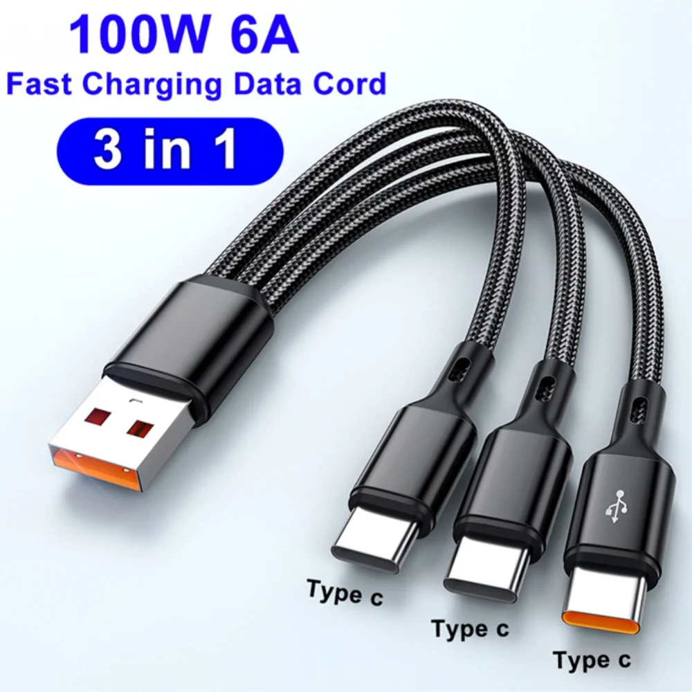 USB Type C Cable 6A 100W 3 in 1 Fast Charging Phone Charger Data Cord For Samsung S24 S23 Xiaomi Huawei USB C Quick Charge Cable