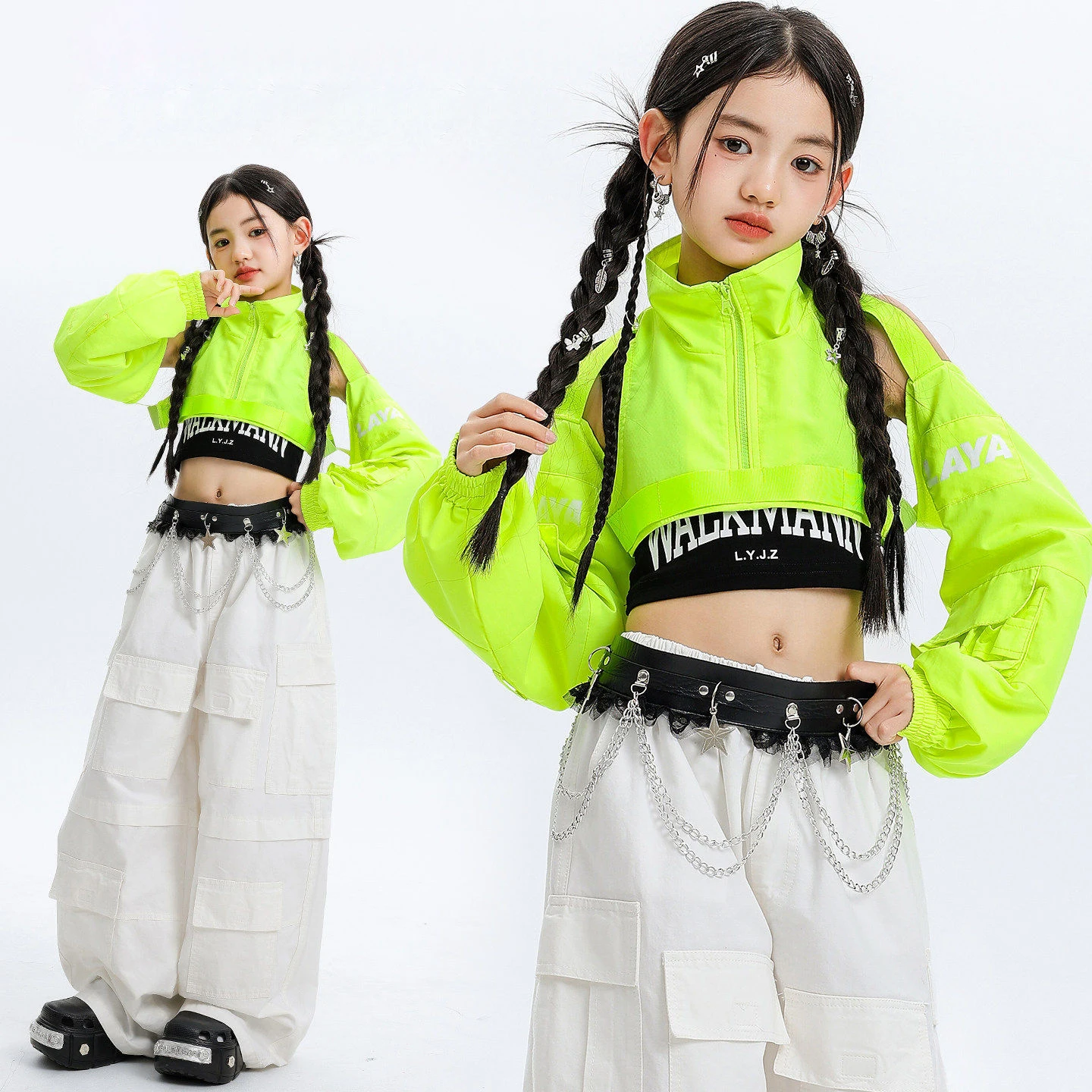 Kid Kpop Hip Hop Clothing Green Off Shoulder Crop Top White Multi Pockets Wide Cargo Pants for Girl Street Dance Costume Clothes