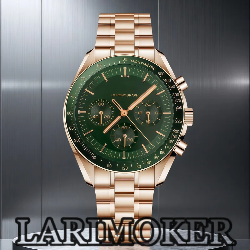 LARIMOKER 40mm Men's Chronograph Watch VK63 Quartz Movement Stainless Steel Strap Green Dial Sapphire Glass Water Resistant