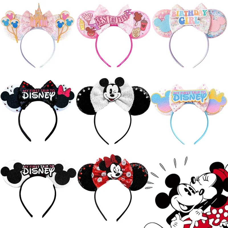Disney Minnie Mouse Hairband For Girl Disneyland Mickey Headbands Kids Adult Cosplay Bow Hair Accessories Women Sequins Headwear