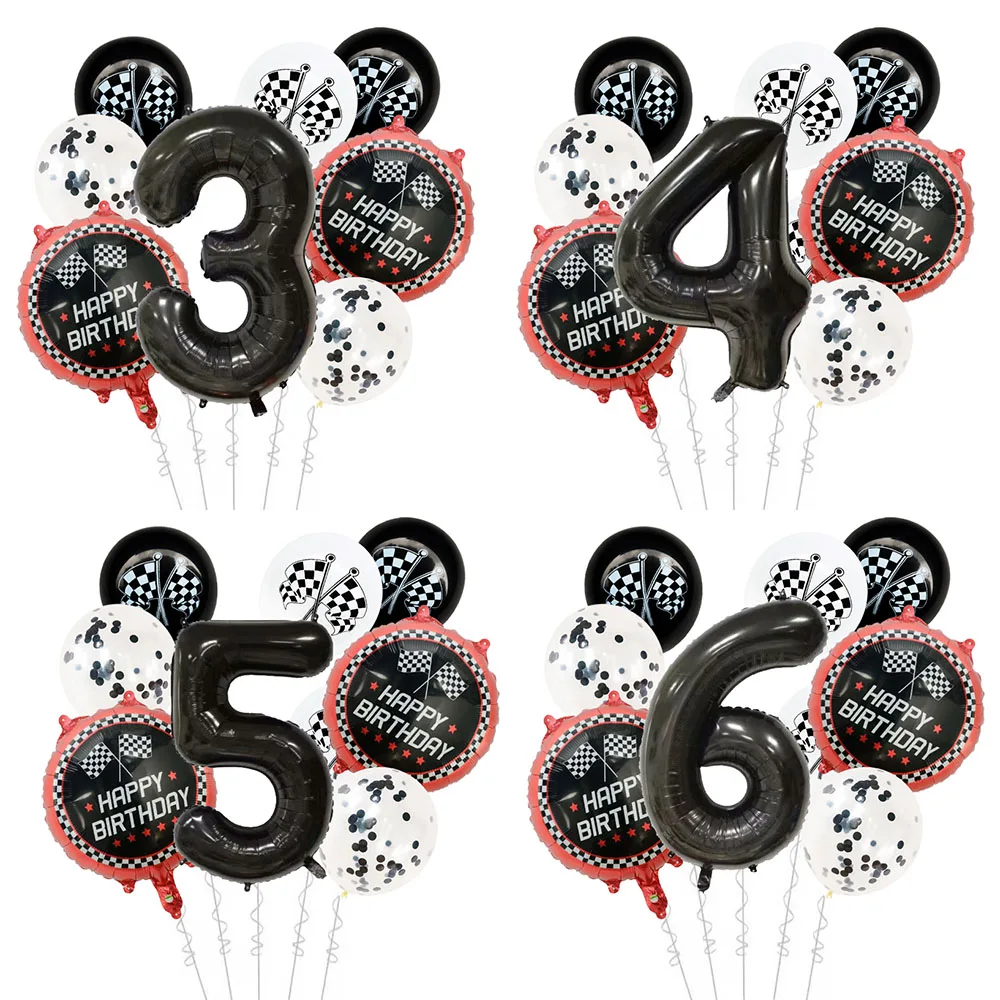 Car Race Balloons Traffic Cones Black White Checkered Flags Racing Wheel tire Foil Balloon Kids Car Birthday Party Decorations