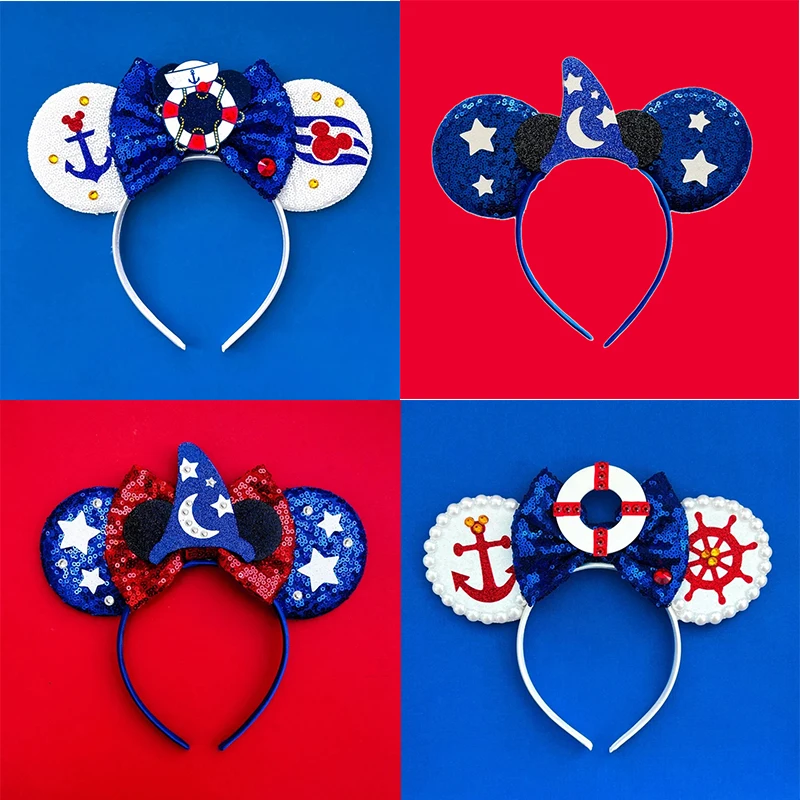 Disney Cute Cruise Line Logo Ears Headband Women Mickey Mouse Hairband Girl Sequins Bow Birthday Hair Accessories Kid Party Gift