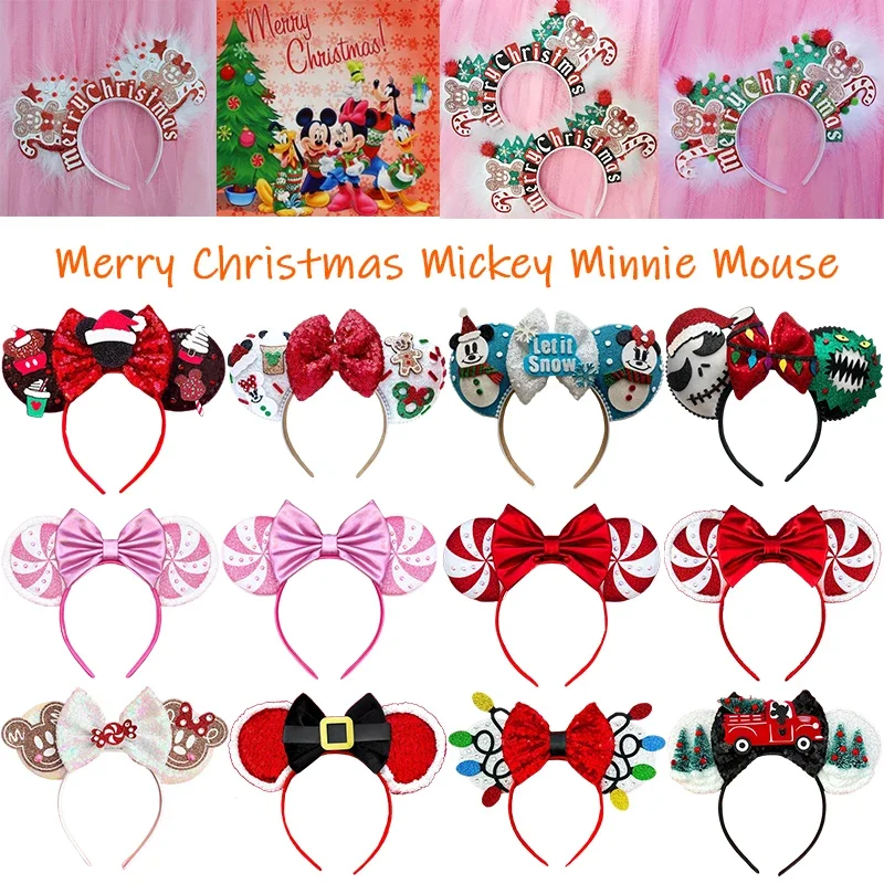 Disney Merry Christmas Head Band Girl Minnie Mickey Mouse Ears Hair Accessories For Women Candy Cane Hairband Kids Xmas Headwear