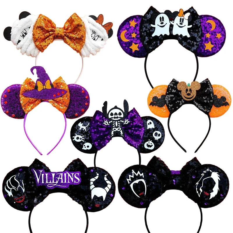 Disney All Saints Day Ears Pumpkin Headbands Women Sequins Bow Hairbands Girl Zombie Bat Skeleton Hair Accessories Kids Festival