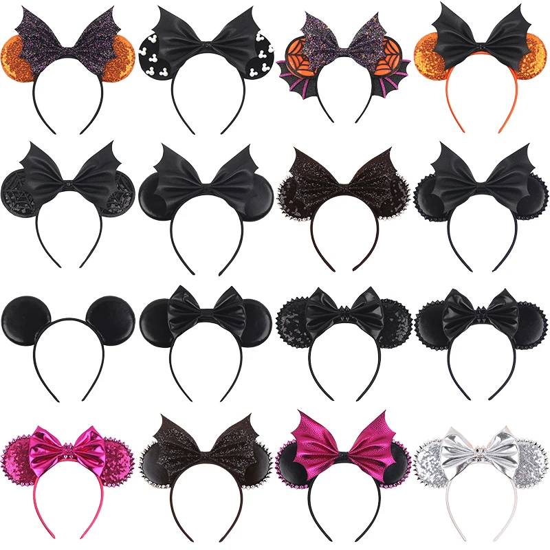 Disney leather Bat Bows Mickey Mouse Ear Headband for Adults Halloween Headwear Women Girls Cosplay Ghost Party Hair Accessories