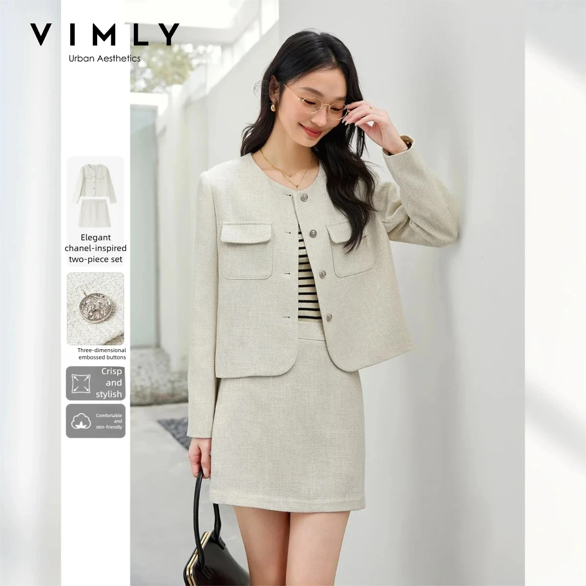 VIMLY Women's Two-piece Set French Style Commuter Jacket 2026 Fashion Casual Coat Short A-line Skirt Female Elegant Set A0177