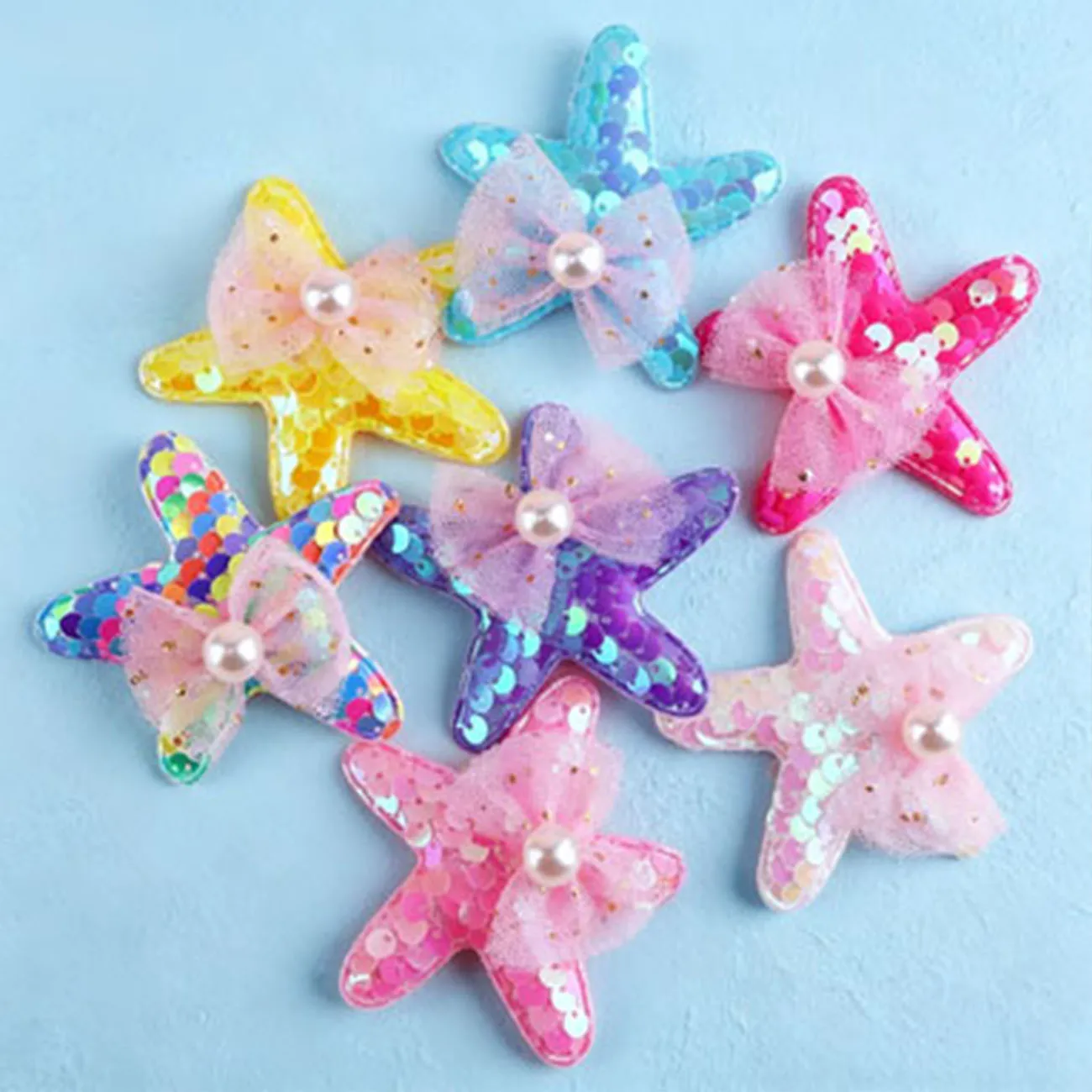 1/7PCS Mermaid Sequins Starfish Hair Clips for Girls Cute Pearl Tulle Bow Hair Barrettes Vacation Photo Hair Decor