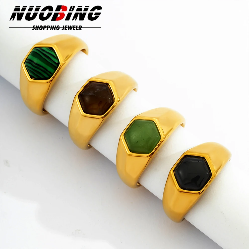 Hexagon Shiny Cubic Zirconia Stainless Steel Wedding Statement Ring 18K Gold Plated Fashion Wedding Waterproof Jewelry