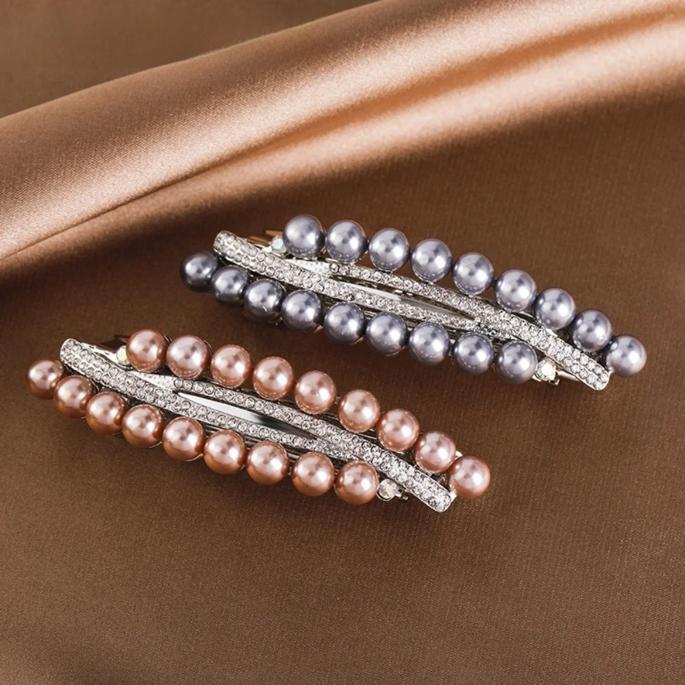 Vintage Imitation Pearl Hair Clip High-end Shiny Spring Hairpin Double Row Elegant Barrettes Hair Accessories