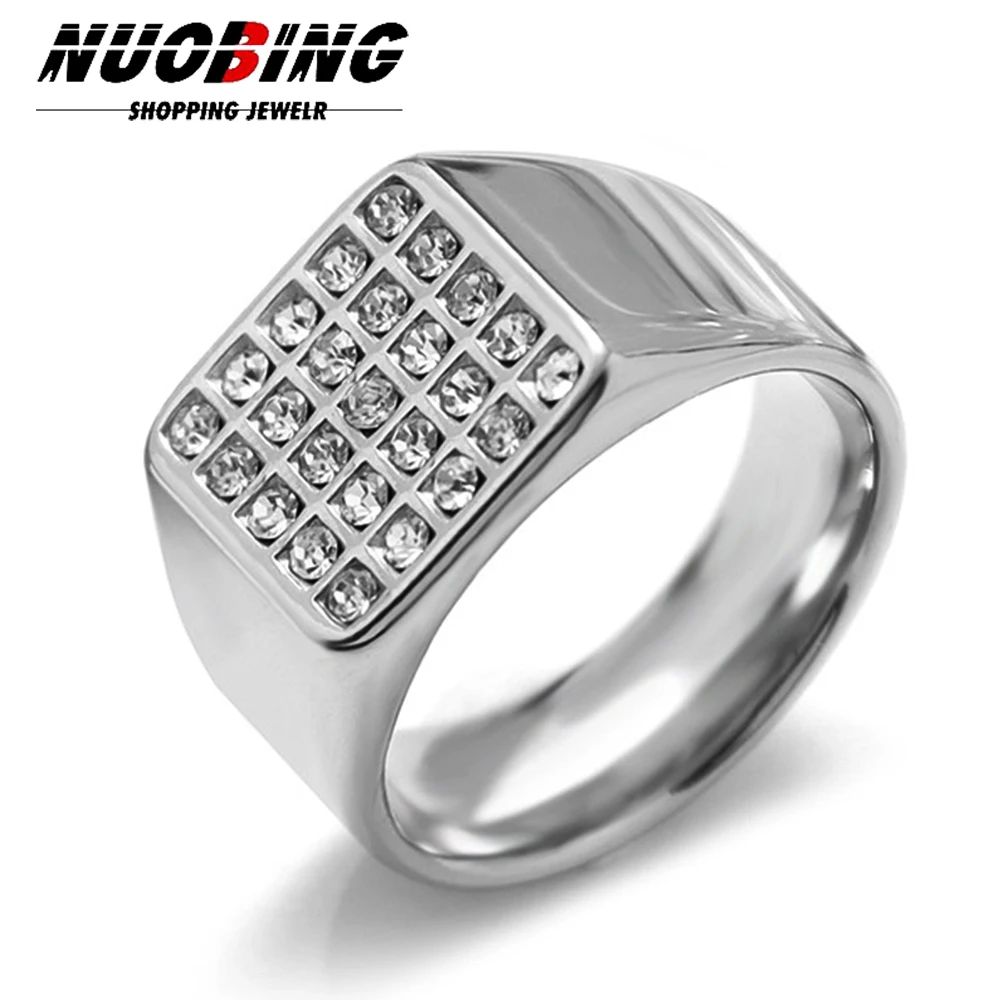 14mm Delicate Shiny Cubic Zirconia Signet Ring for Men Square Stainless Steel Finger Band Gothic Punk Rock Boy Stamp Jewelry