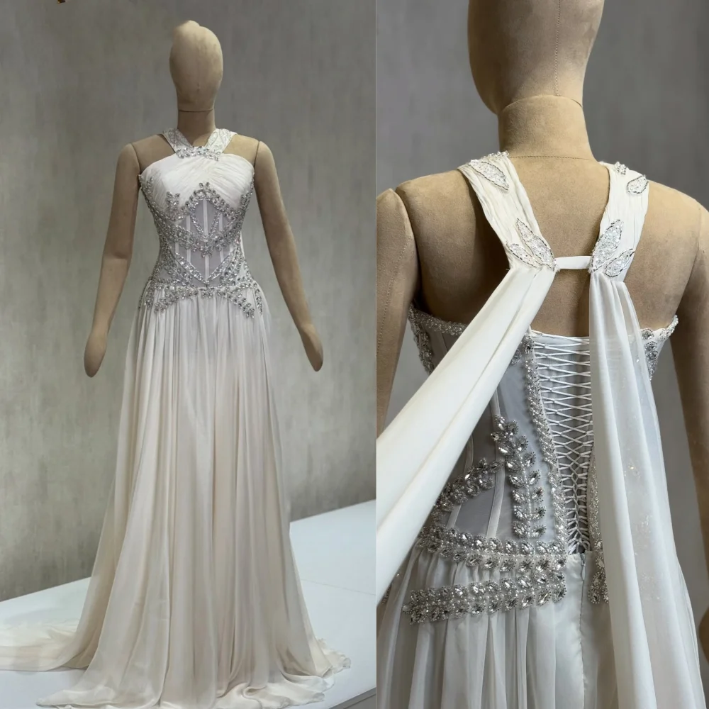 Customized Exquisite Chiffon Pleat Sequined A-line Halter Long Dresses Bespoke Occasion Fashion Sparkle