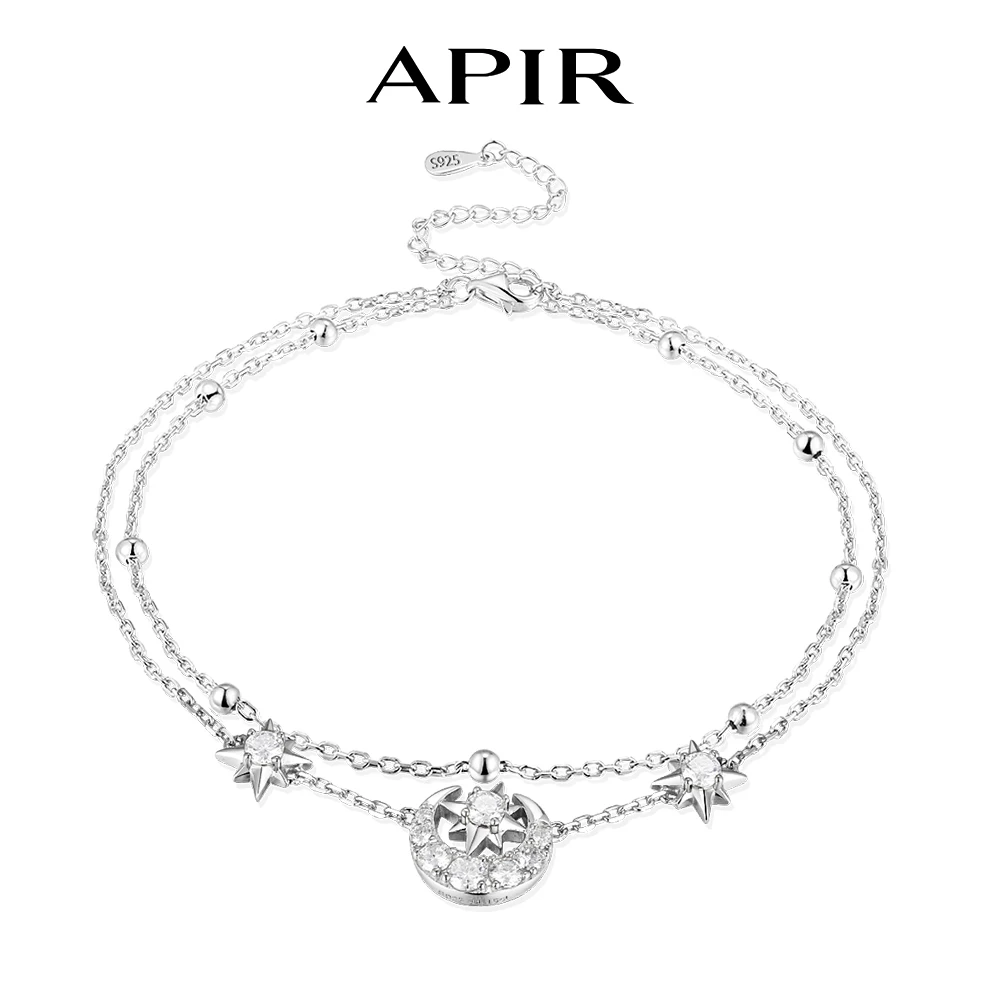 APIR Sparkling Moissanite Star Moon Anklet 925 Sterling Silver 23cm Adjustable Dainty Double Layer Foot Chain Beach for Women
