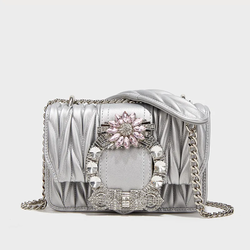 Fashion Pleated Textured Square Bag Women's Handbag Crystal Shiny Diamond Luxury Clutch Purse Shoulder Crossbody Bag