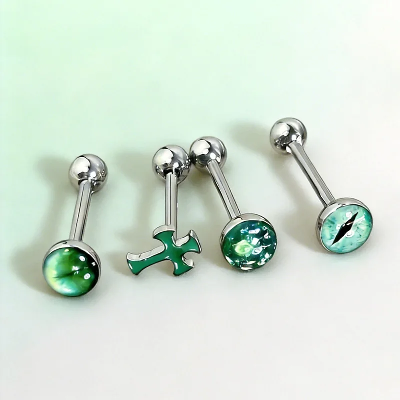 1Pc High-Quality Trendy Green Sparkling Cross Magic Pupil Titanium Steel Tongue Stud - Hot Girl Body Piercing Party Jewelry Gift