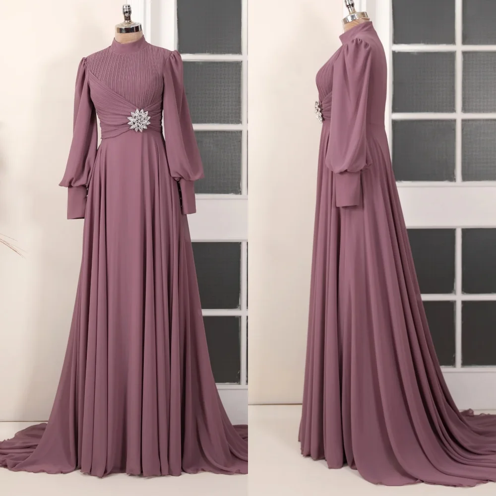 Customized Chiffon Sequined Applique A-line High Collar Long Dresses Bespoke Occasion Prom Exquisite Fashion