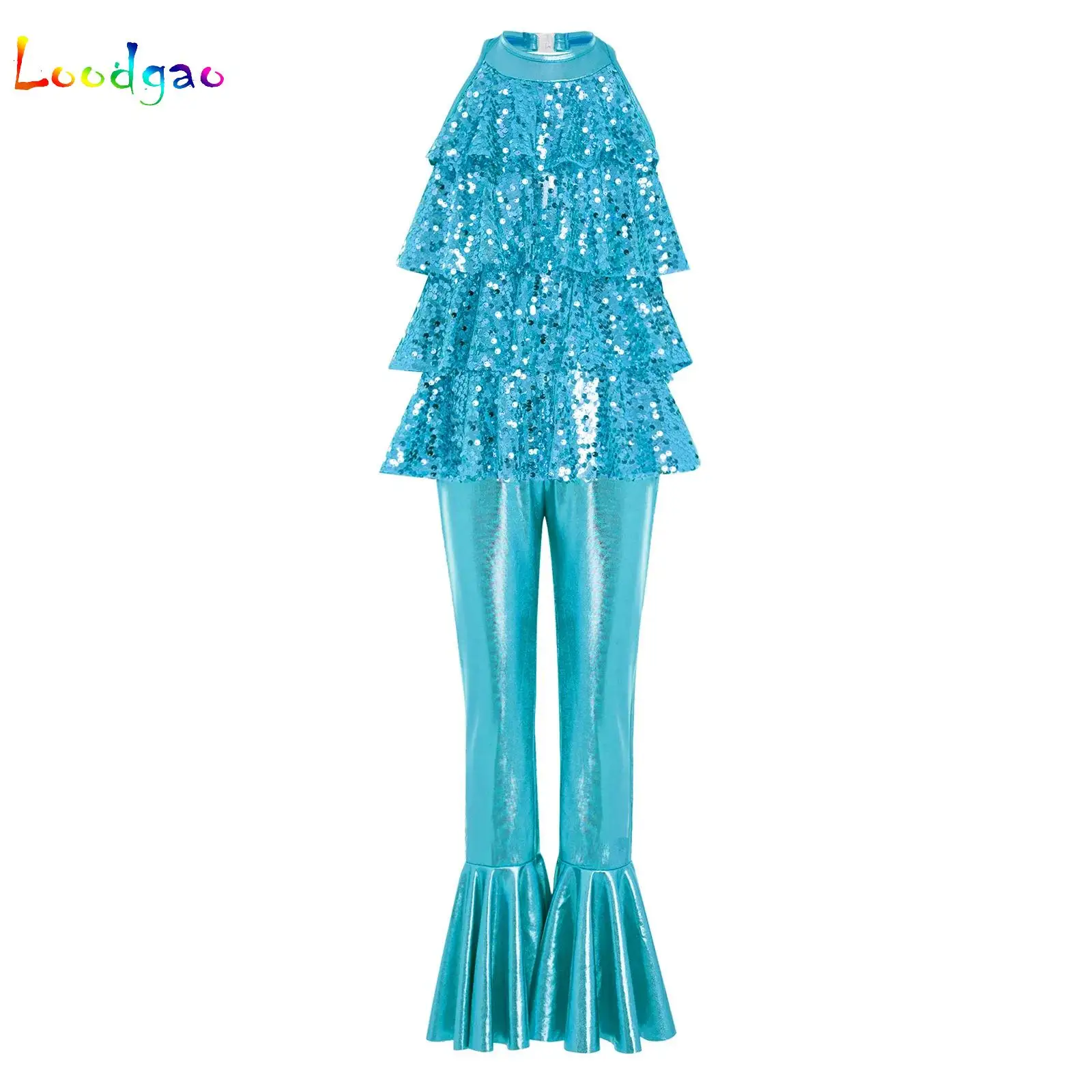 6-16 Girls 70s Disco Jazz Costume Shiny Flared Jumpsuit Kids Fashion Romper Children's Sequins Tiered Ruffles Jumpsuits Outfits