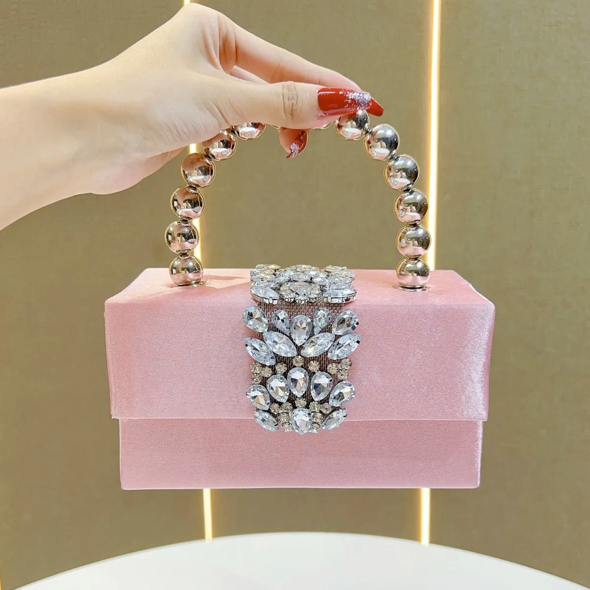 Sparkling Rhinestone Pearl Box Bag Women’s Satin Square Clutch Elegant Handheld Crossbody Purse Fashion Dolly Shoulder Handbag