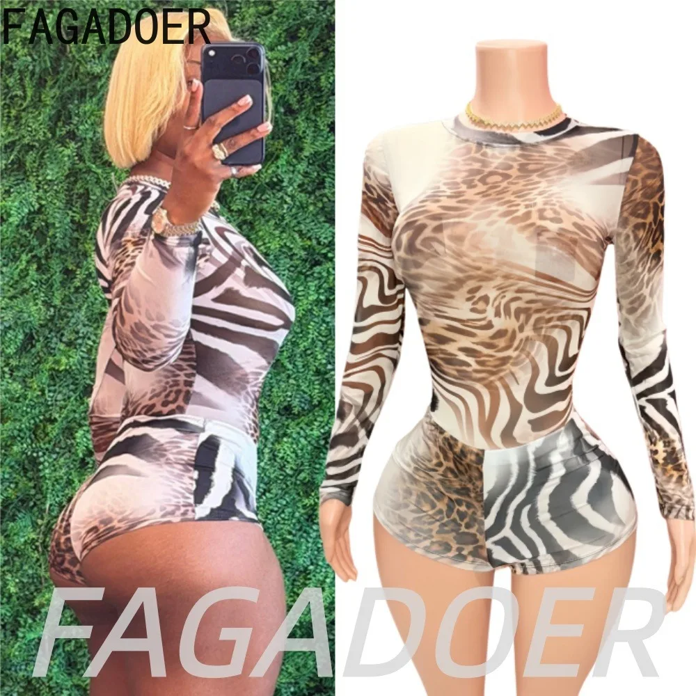 FAGADOER Sexy Leopard Zebra Print Shorts 2 Piece Outfits Women Fashion Mesh Long Sleeves Top and Bodycon Shorts Suits Streetwear