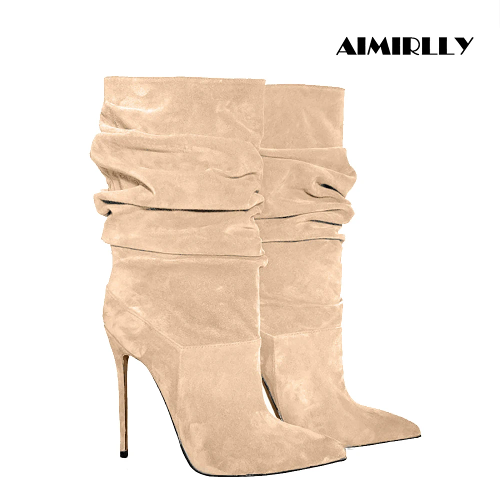 Women Beige Suede Slouch Pointed Toe Stiletto Ankle Boots Multi-color