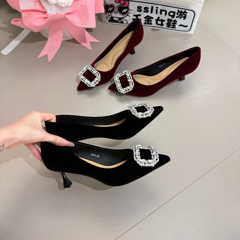 Women Pumps Temperament Pointed High Heele Single Shoes Luxury Rhinestone Square Buckle Designer Heels Suede Banquet Dress Heels
