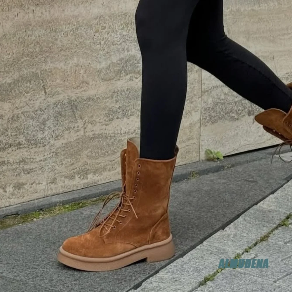 Lace Up Side Zipper Platform Ankle Boots Ladies Round Toe Faux Suede Chunky Low Block Heel Vintage Street Style Fashion Boots