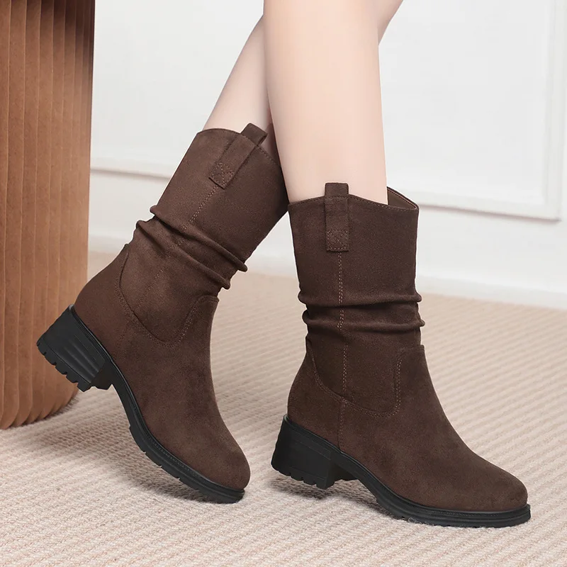 4.5cm All Match Comfortable Mid Leg Flock Suede Motorcycle Boots Winter 2025 Square Heels Warm Fur Boots for Office Daily Work