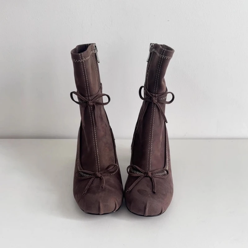 2026 Winter Fashion New Pumps Chelsea Gothic Mujer Botas Bow High Heels Ankle Boots Women's Designer Chunky Suede Shoes
