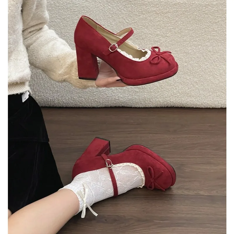 Cute Platform High Heel Women's Mary Jane Shoes Fashion Butterfly-knot Lace Shoes 2026 New Spring Ladies Wedding Party Shoes