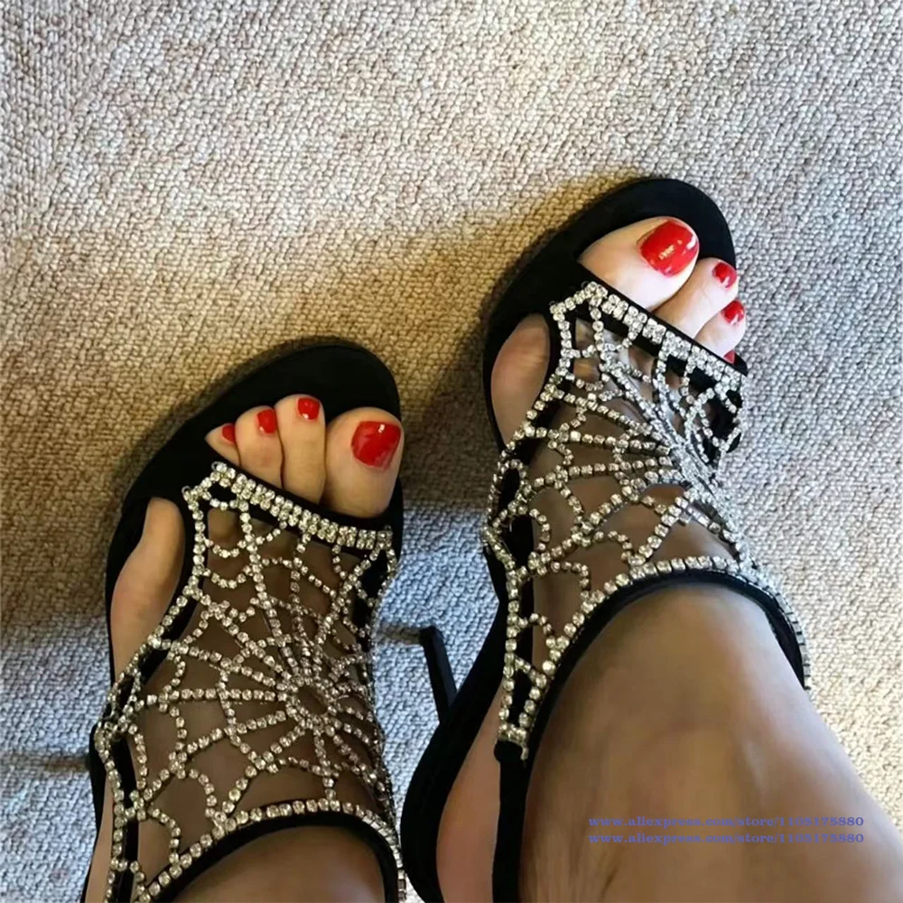 Rhinestone Spider Web High Heel Sandals Black Velvet Stiletto Shoes Designer Dress Party Shoes Sandalias De Mujer Verano