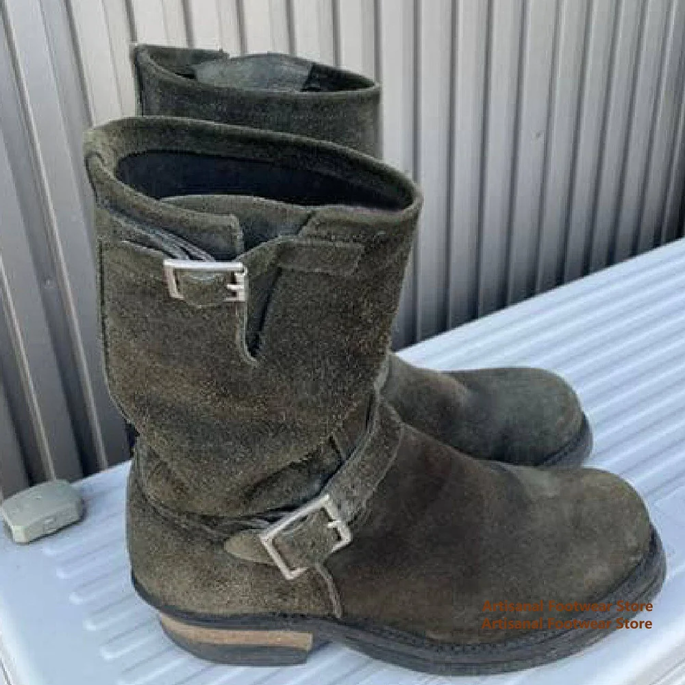 Dark Green Suede Men's Boots Thick Heeled Buckle Strap Motorcycle Boots Knight Boots British Style Trendy Handmade Men's Boots